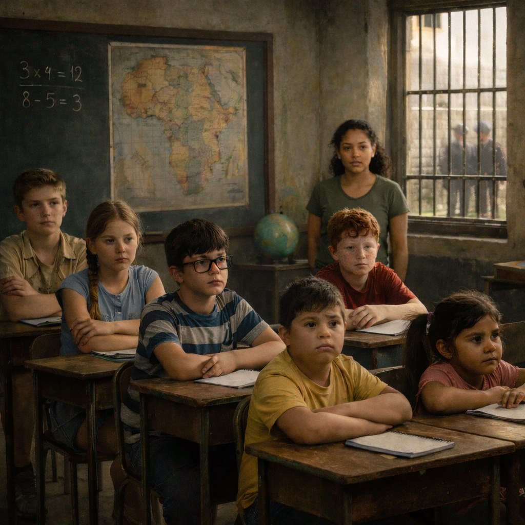 The children at their desks, Kelly standing watch, guards visible through barred windows