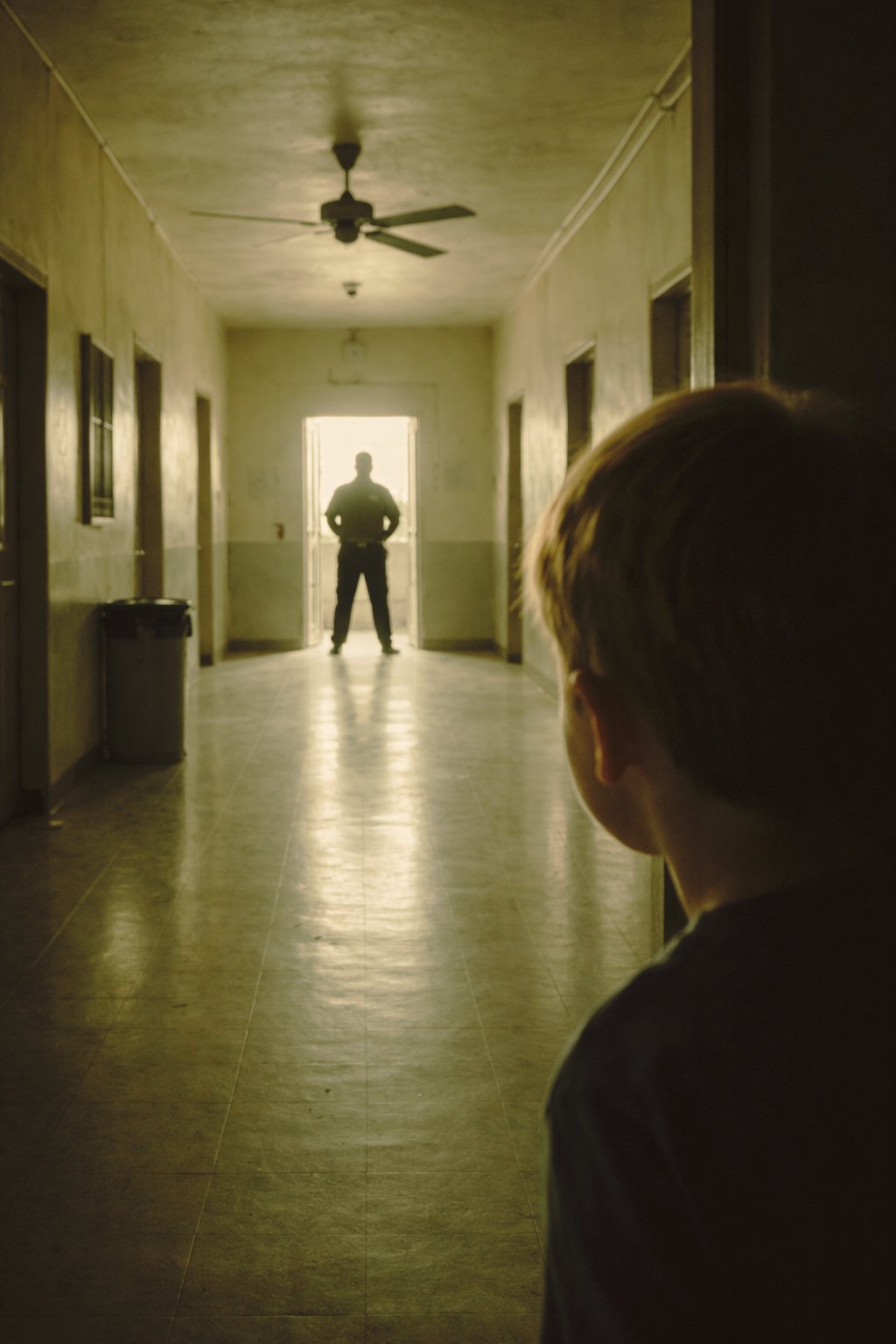 Guard silhouette in compound corridor